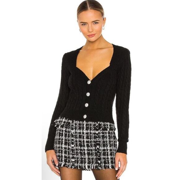 Ronny Kobo Sweaters - Ronny Kobo Jaelyn Jewel Embellished Buttons Cableknit Sweater Cardigan Black L
